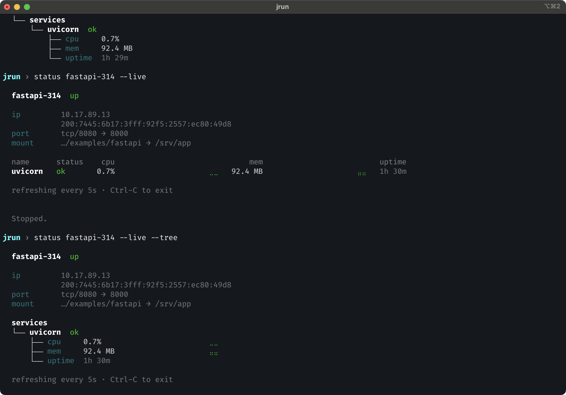 jrun status jail live tree