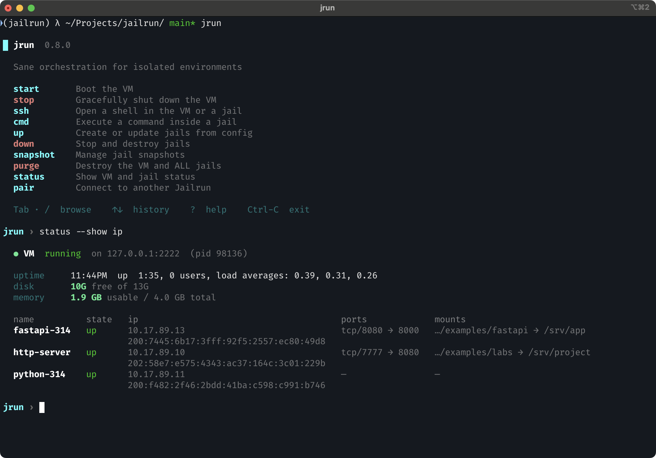 jrun status show ip